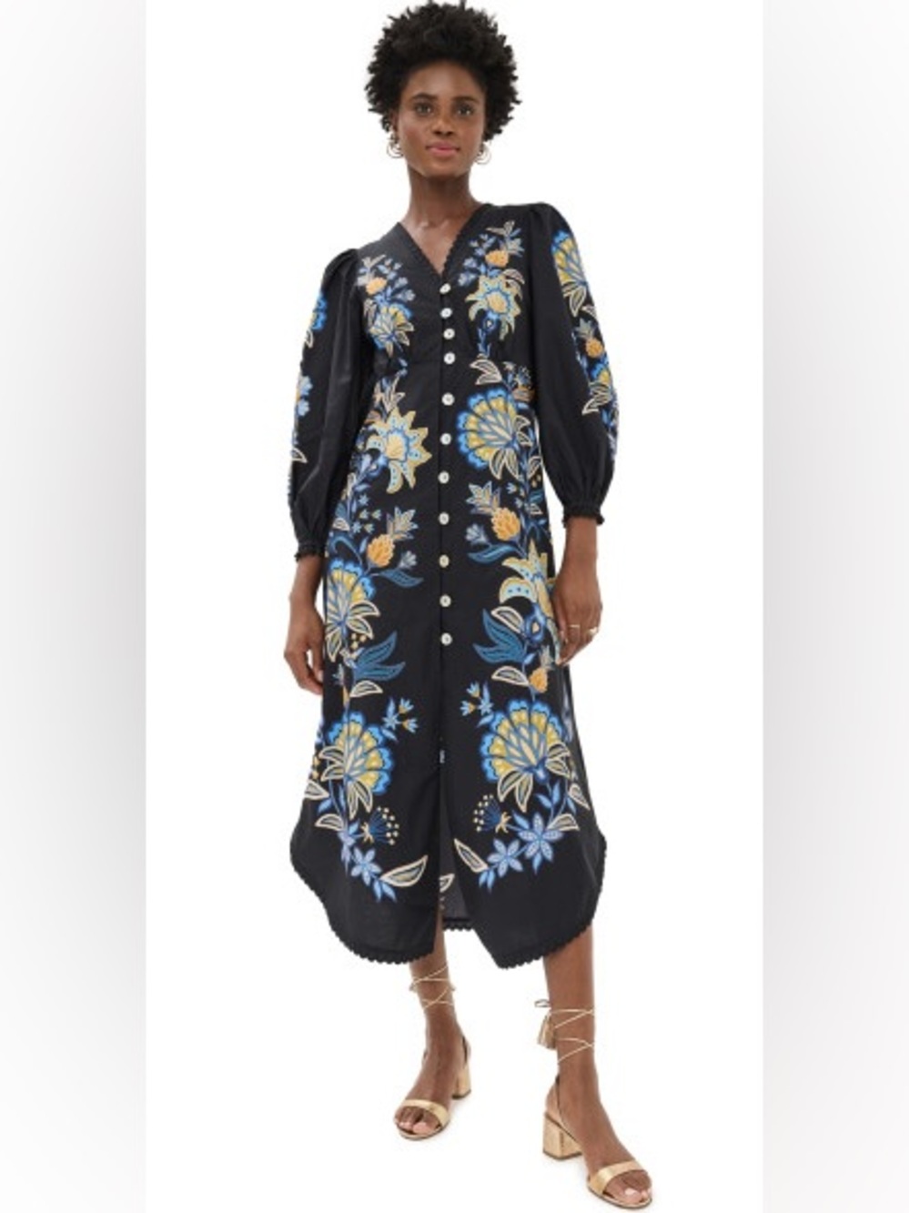 FARM Rio Stitched Garden Floral Black Midi Dress Fairycore Boho Women L Vacation - Picture 4 of 16